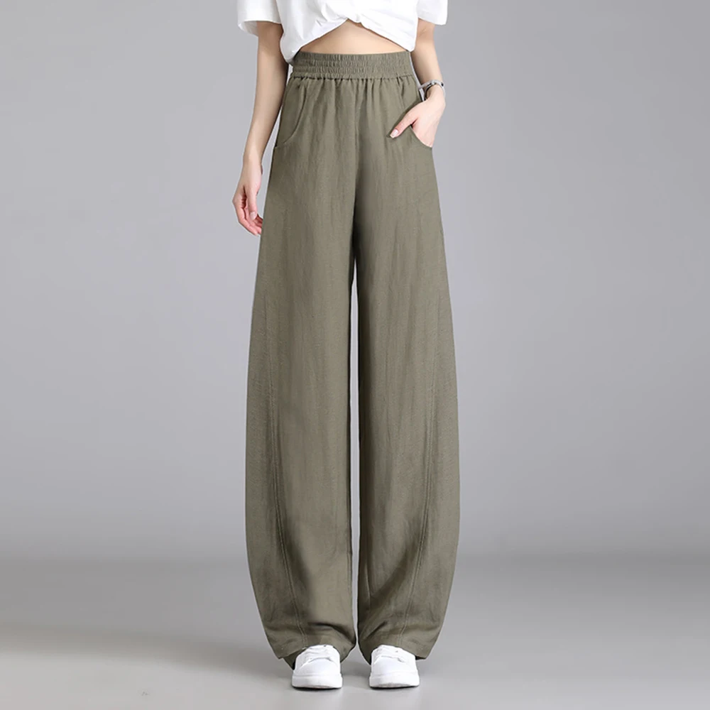 2024 Women Summer Thin Linen Wide Leg Pants Straight Elastic Band Waist Ice Silk Cotton Casual Loose Trousers Oversize S to 3XL