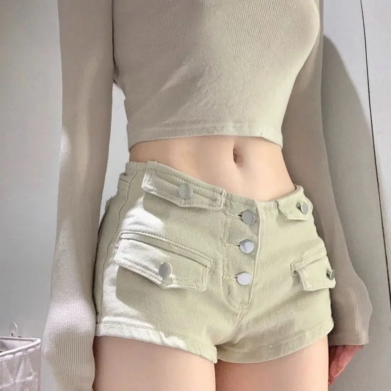 Girl Khaki Work Clothes Denim Shorts Women Small Person Sexy Mid-waist Slim Wide-leg Hot Pants