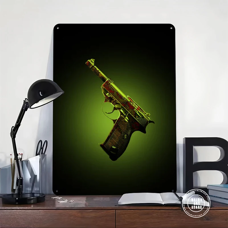 Ornate Pistol With Red and Gold Pattern Tinplate Poster Customized Wall Art Retro Vintage Metal Signs for Fans Desk Decor Room