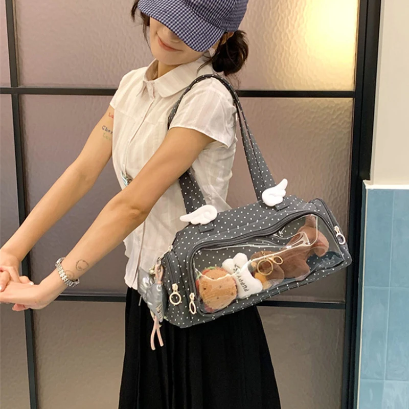 Angel Wings Ita-Tasche mit transparentem Sichtfenster, Damen-Umhängetasche im japanischen Stil, vielseitige Polka-Dot-Handtasche für den täglichen Pendelverkehr – Detail 17