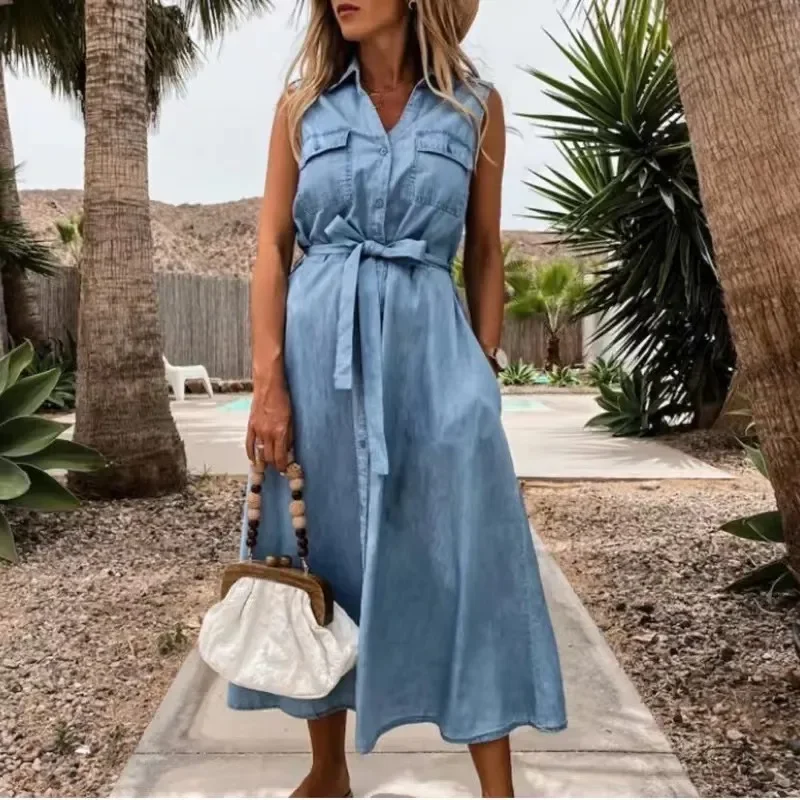 2023 Summer Denim Dress Women Turn Down Collar senza maniche Casual allentato monopetto camicia Dress