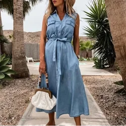 2023 Summer Denim Dress Women Turn Down Collar Sleeveless Casual Loose Single Breasted Shirt Dress