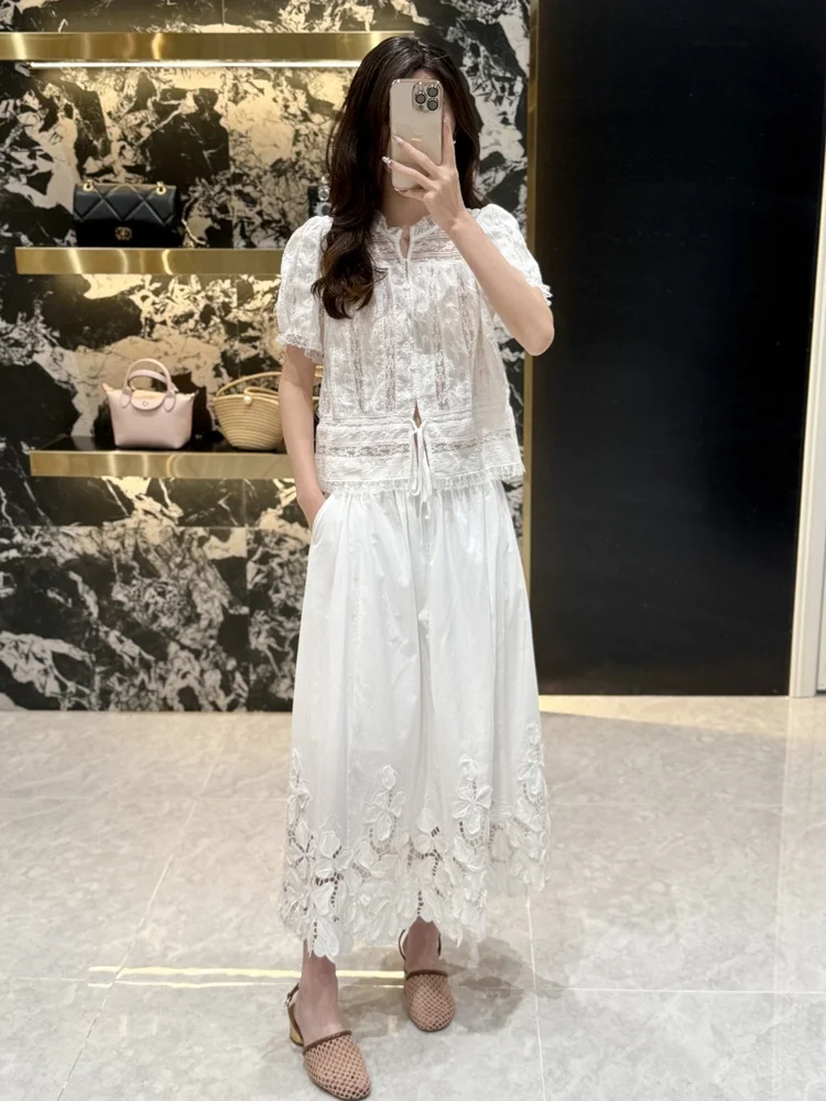

Embroidered Floral Short Sleeve Shirt Belted Waist Tassel Detail French Style Women's Premium Summer Top Zoyoyued