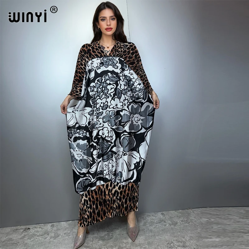 WINYI Abito estivo con stampa leopardata Donna design stropicciato Boho allentato abaya Dubai festa di lusso Elegante abito da sera pieghettato
