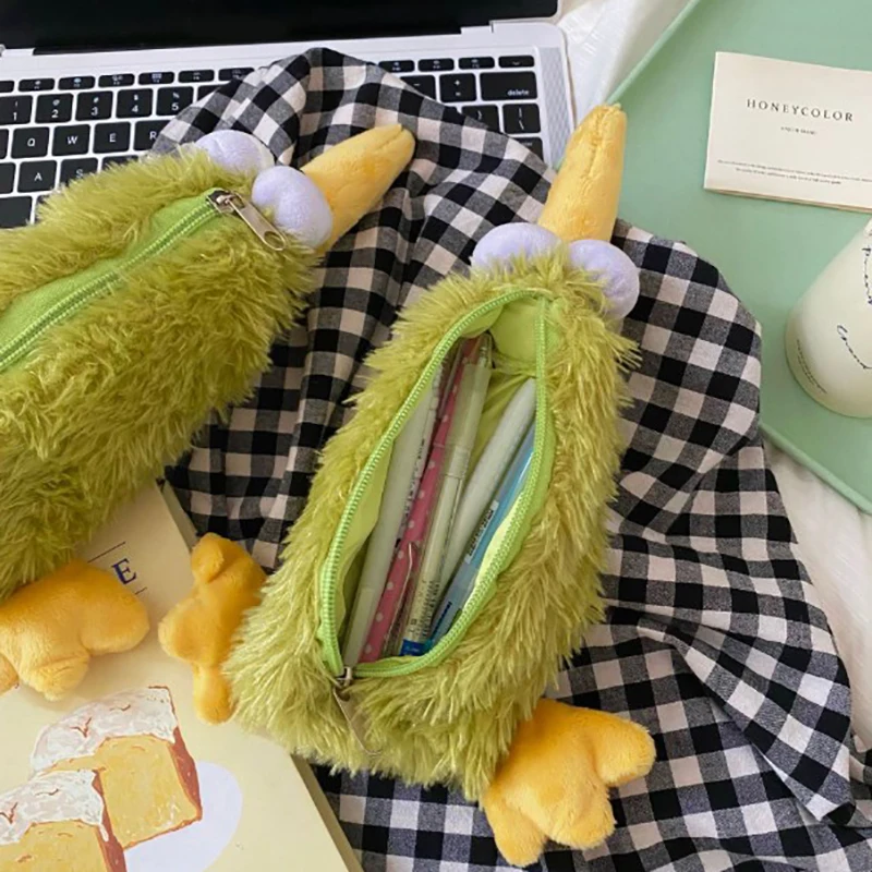 Kawaii Groene Vogel Pluche Etui Etui Rits Pluizige Grote Capaciteit Kiwi Potlood Tas School Briefpapier Opbergtas Benodigdheden