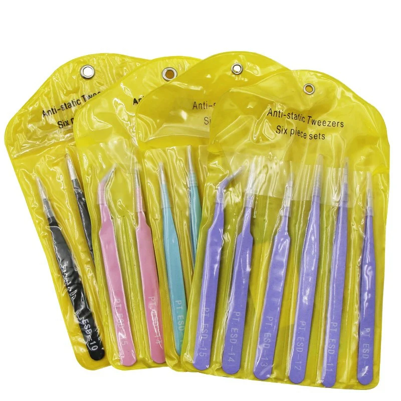 6-teiliges Präzisionspinzetten-Set, ESD, antistatisch, für die Elektronikreparatur, gerade, gebogen, Industriepinzette, Handwerk, Löten, Handwerkzeug – Detail 12