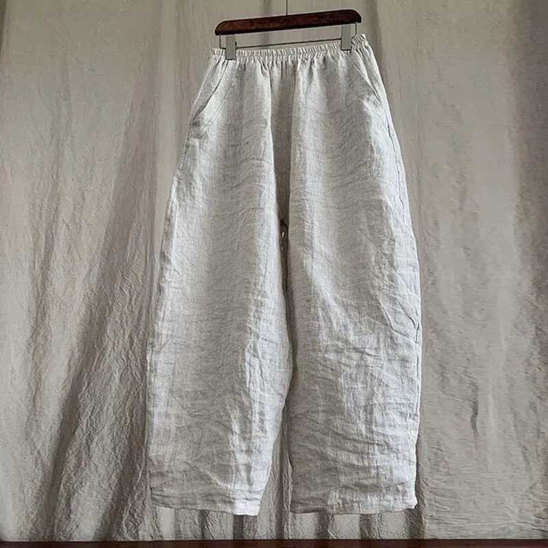 

Pure Linen Radish Pants Elastic Waist Loose Casual Trousers
