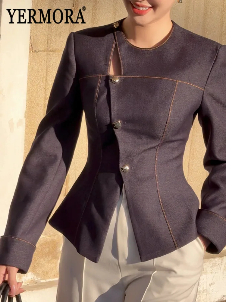 

YERMORA Blue Asymmetric Buckle Casual Blouse For Women O-Neck Long Sleeve Loose New Shirt Fashion Tide Spring Autumn 2026