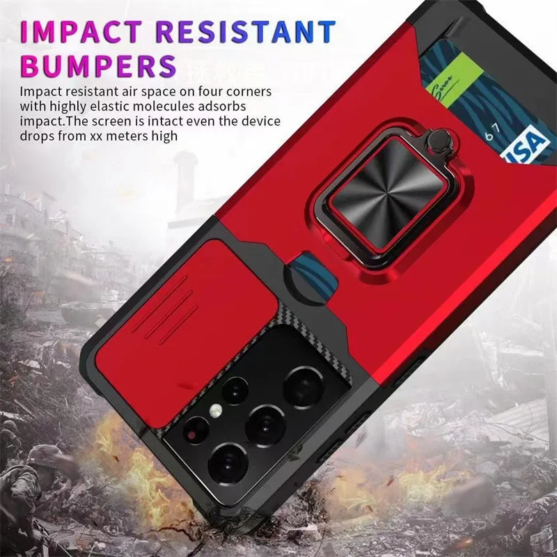 For Samsung S24 S23 S22 Ultra Phone Case Ring Holder Card Insertion Lens Push Window Protection Anti Drop Back Cover image 4