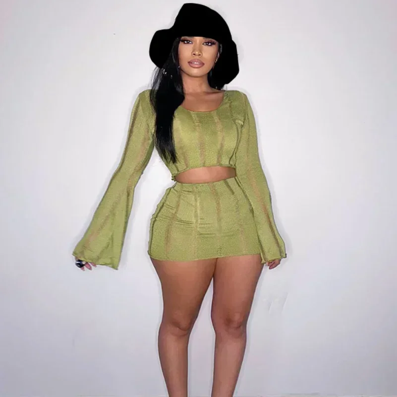 

GUWU Knit Ribbed Ripped Out Women's Set Flare Long Sleeve Top and Short Skirt Fashion Two 2 Piece Set Casual Tracksuit