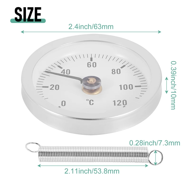 63Mm penjepit pipa pada termometer Dial suhu pelat bulat pengukur dengan pegas, rentang 0-120 ℃, casing aluminium, 5 buah Set