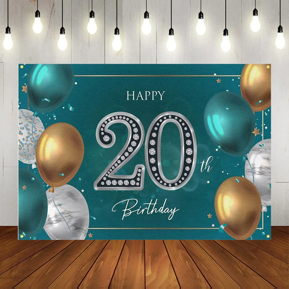 

Happy 20th Birthday Party Banner Background Green Gold Silver Balloon Boys Girls Party 20 Years Old Photography Backdrop Poster