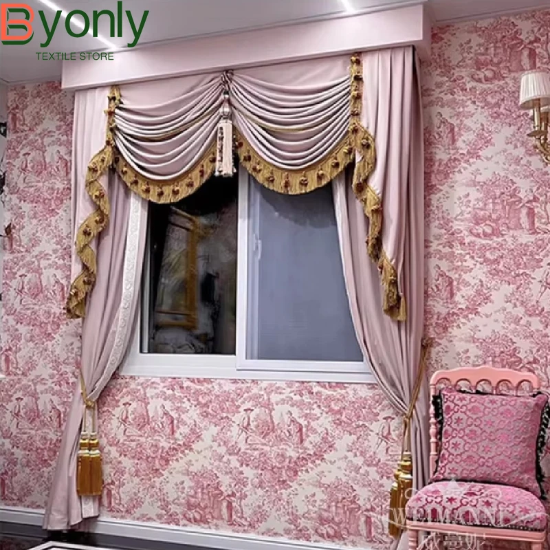 New Pink Senior Lace Decorative Velvet Curtains for Living Room Study Bedroom Villa High Window Floor Windows Customised Valance