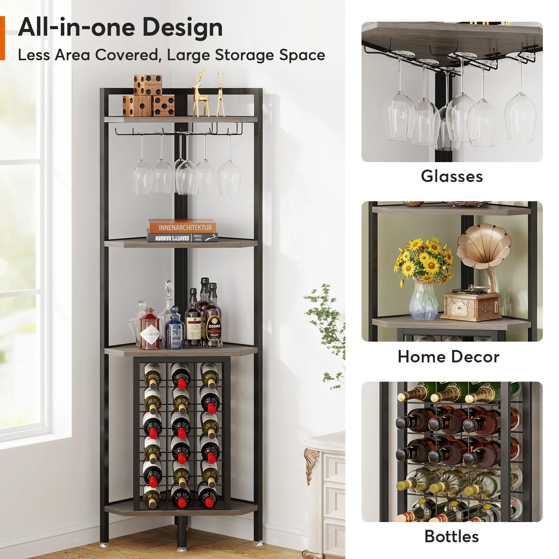 Corner Wine Rack w/Glass Holder & Storage shelves, Industrial 4 Tier Corner Bar Freestanding Floor Wine Rack, Corner Wine Shelf