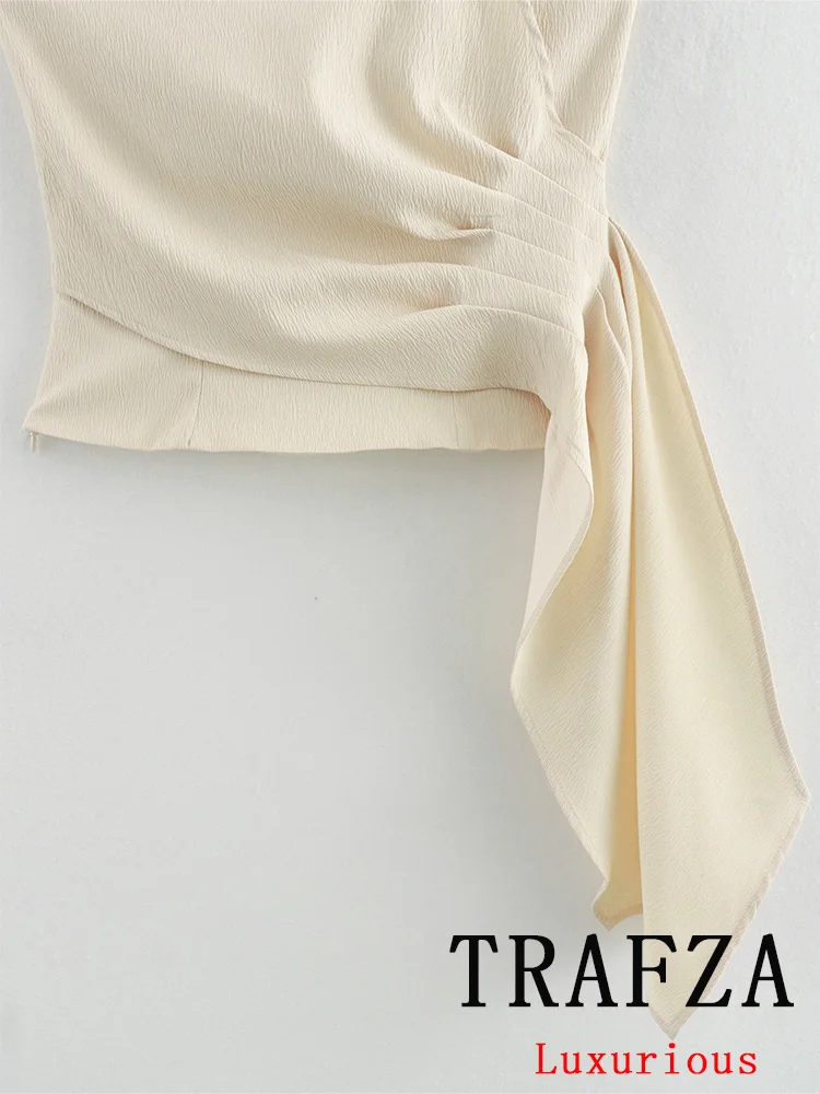 TRAFZA Vintage Casual Sexy Women Tops Beige Solid Sleeveless Strapless Folds Short Slim Vest Fashion 2024 Summer Holiday Tops