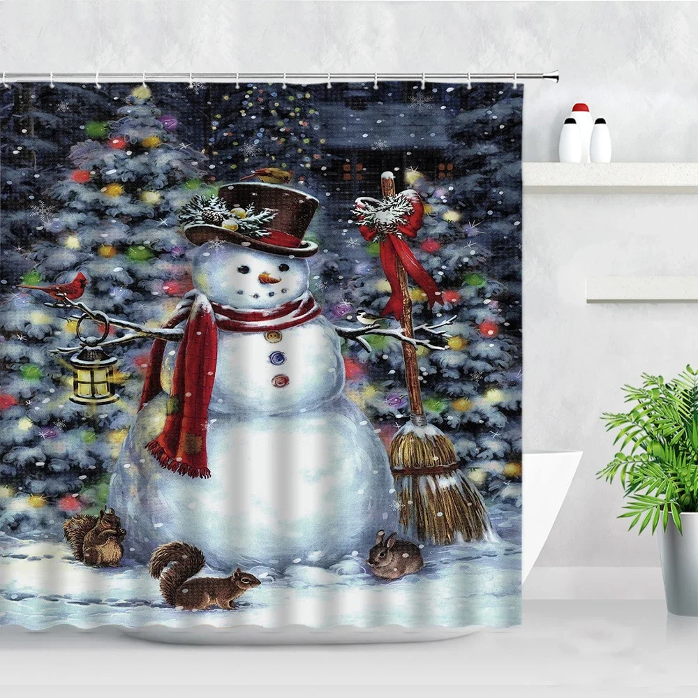 Christmas Tree Winter Snowman Shower Curtains Squirrel Red Bird Retro Style Christmas Bathroom Curtain With Hooks Home Decor Set