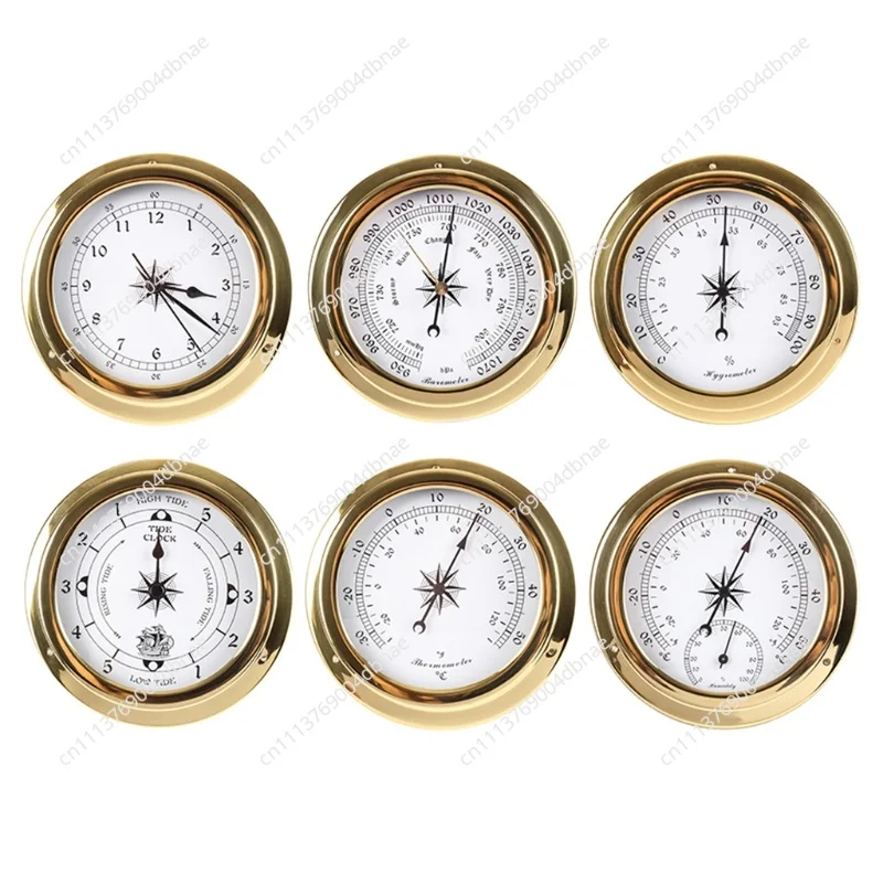 115Mm Copper Shell Marine Barometer Atmospheric Pressure Gauge Thermohygrometer Clock 4-piece Set Battery-Free Weather Forecast