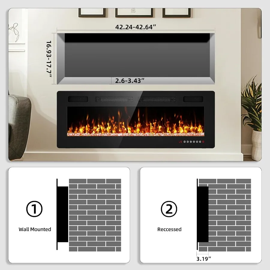 50 مدفأة كهربائية مثبتة على الحائط مع شاشة تعمل باللمس للتحكم عن بعد لغرفة المعيشة الحديثة وغرفة النوم أو