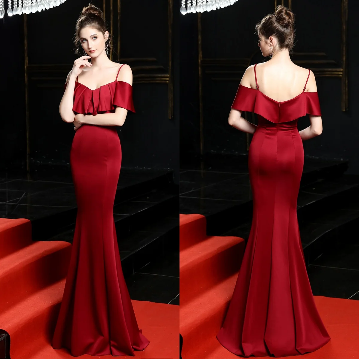 

Evening Dresses Burgundy Stretchy Spaghetti Straps Ruffles Zipper Mermaid Trumpet Floor Length Women Party Formal Gowns YE135