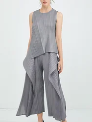 Miyake Irregular Designer Pleated Two Pieces Set Women Sleeveless Elegant Top Wide Leg Loose Trousers Summer Lady Clothing