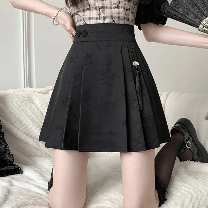 High Waist A-line Short Skirt Women New Arrival 2024 Summer Chinese Style Vintage Jacquard Ladies Elegant Pleated Skirts W1662