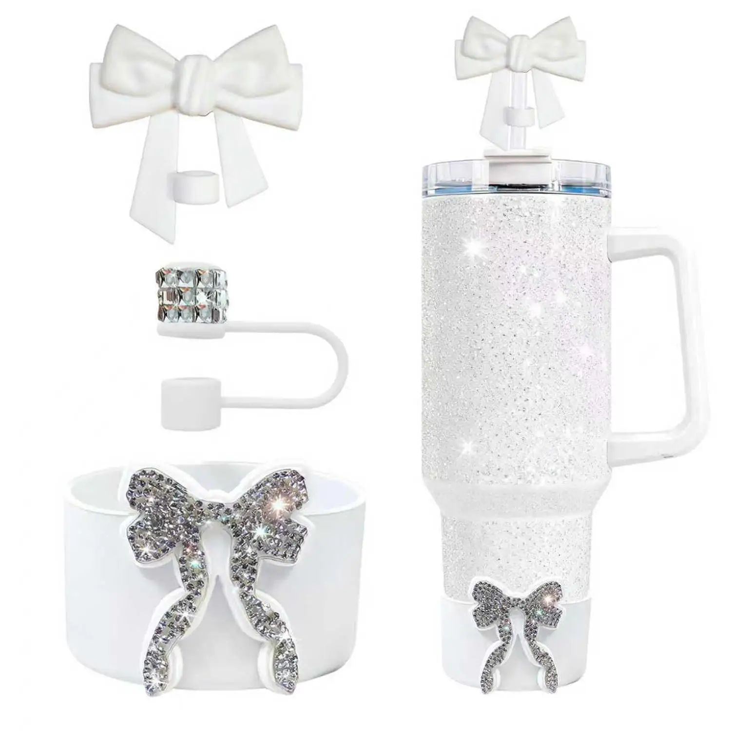 Rhinestone Bow Straw Topper Silicone Protective Cover Cup Sleeve for Stanley Tumbler Sparkling Drinkware Accessory