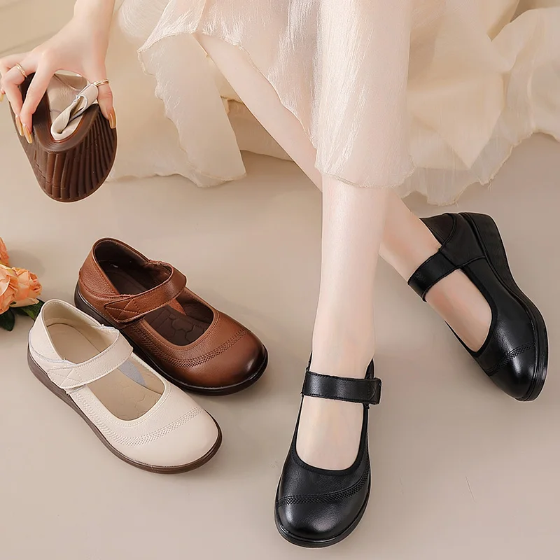 New real leather mary jane flats woman top quality shoes for women strappy moccasins ladies hook loop luxury flats female shoes