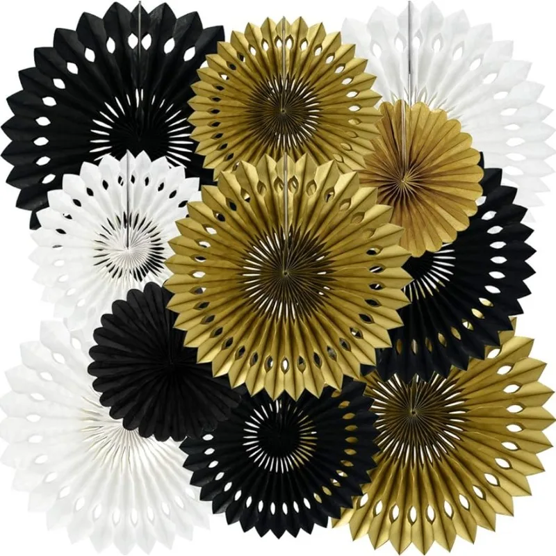 

Black Gold White Hanging Round Paper Fans Flower Decoration Set for Bachelorette Photo Booth Backdrop Anniversary Party Supplies