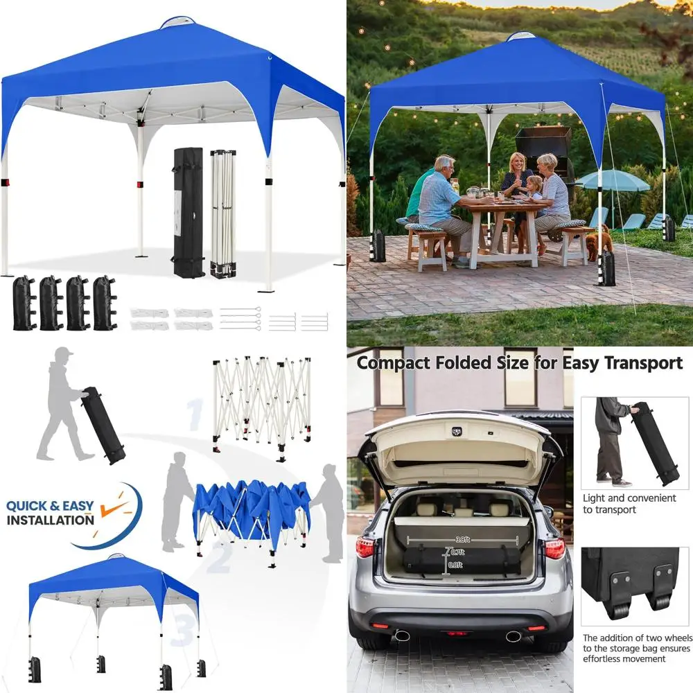 

Instant 10x10 Canopy Tent with Vented Roof, Easy Setup, Wheeled Bag, Sandbags, and Stakes for Outdoor Sun Shelter