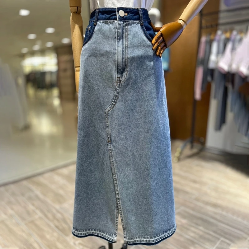 

Color Blo Mid-Length A-Line Denim Skirt High Waist Loose Fit Summer Commute Sle Cotton 00% Women's Faion