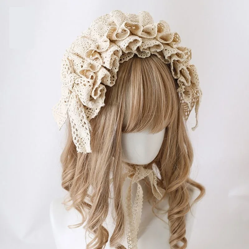 สีดํา/สีขาว/Beige Lolita สาวลูกไม้ Hairband ญี่ปุ่น Kawaii Headdress Tie คอสเพลย์อะนิเมะแม่บ้านน่ารักอุปกรณ์เสริมผม