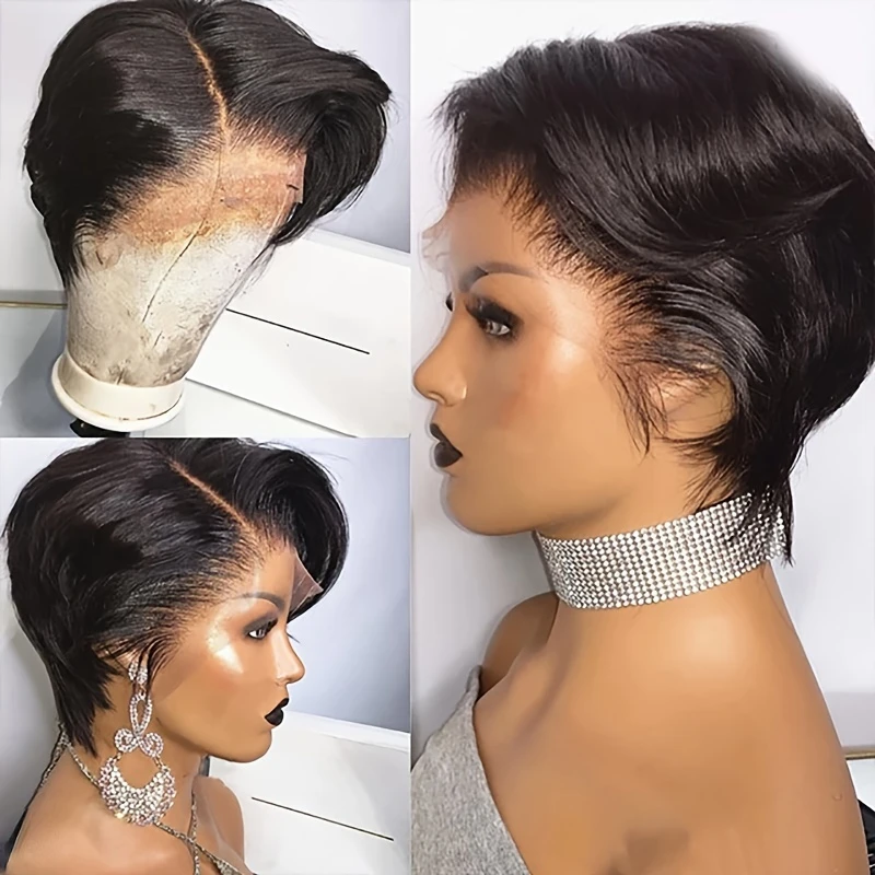 13x1 t parte frente do laço peruca de cabelo humano para as mulheres pixie corte peruca pré arrancado transparente frente do laço peruca de cabelo humano cabelo brasileiro