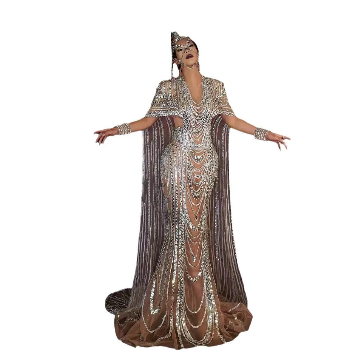 

Sequins Trailing Queen Sleeveless Long Dress - Sexy Shiny Diamond Long Sleeve Elegant Dress For Wedding Body Transparente Flecos