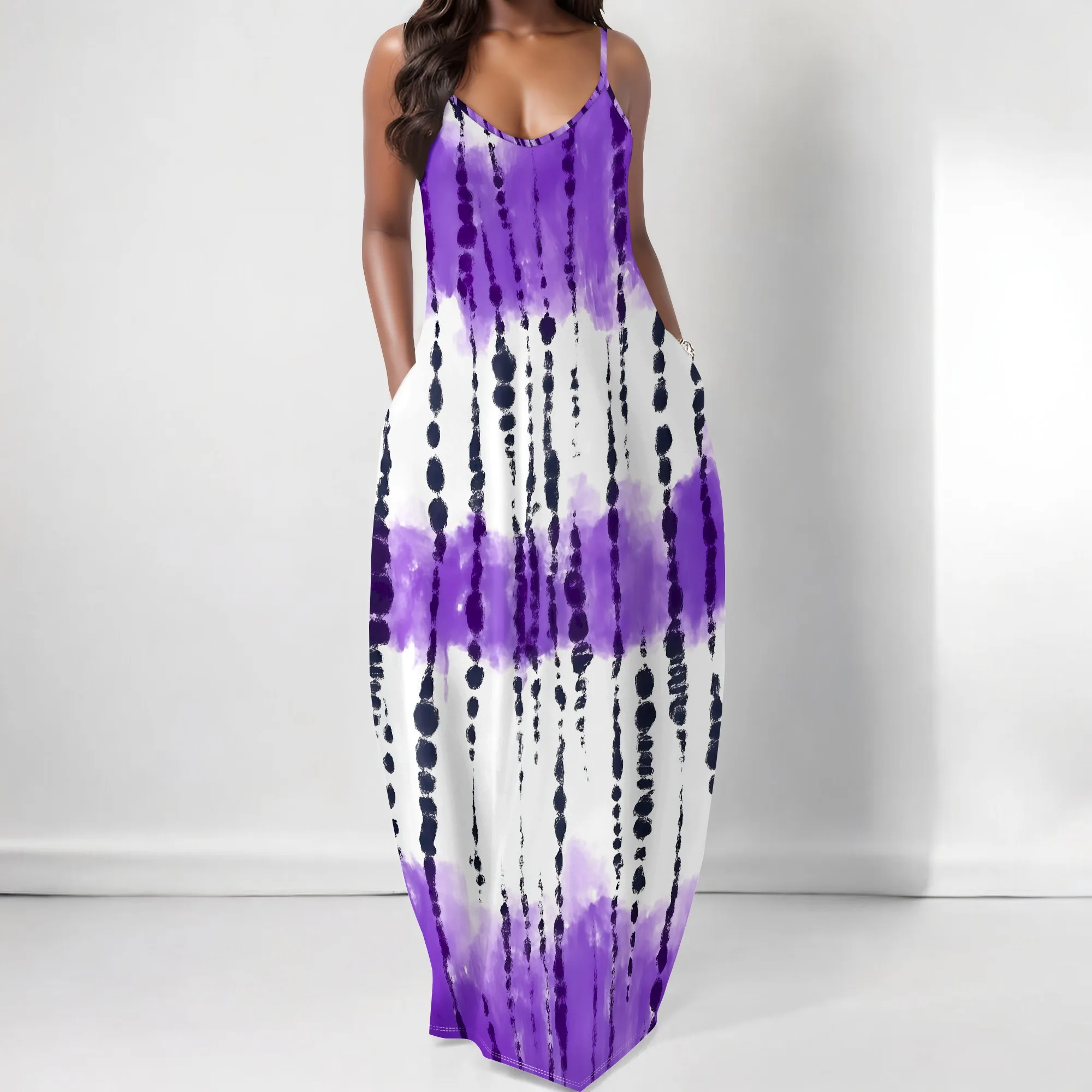 

Women's Tie Dye Maxi Dress Boho Abstract Print V-Neck Spaghetti Strap Loose Dress with Pockets for Beach Vacation Wear XS-3XL