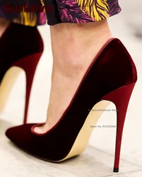 Surkova Burgundy Velvet 12cm High Heel Shoes Purple Rose Red Stilettos Pointered Toe Shallow Pumps 10cm 8cm Slip-on Dress Shoes