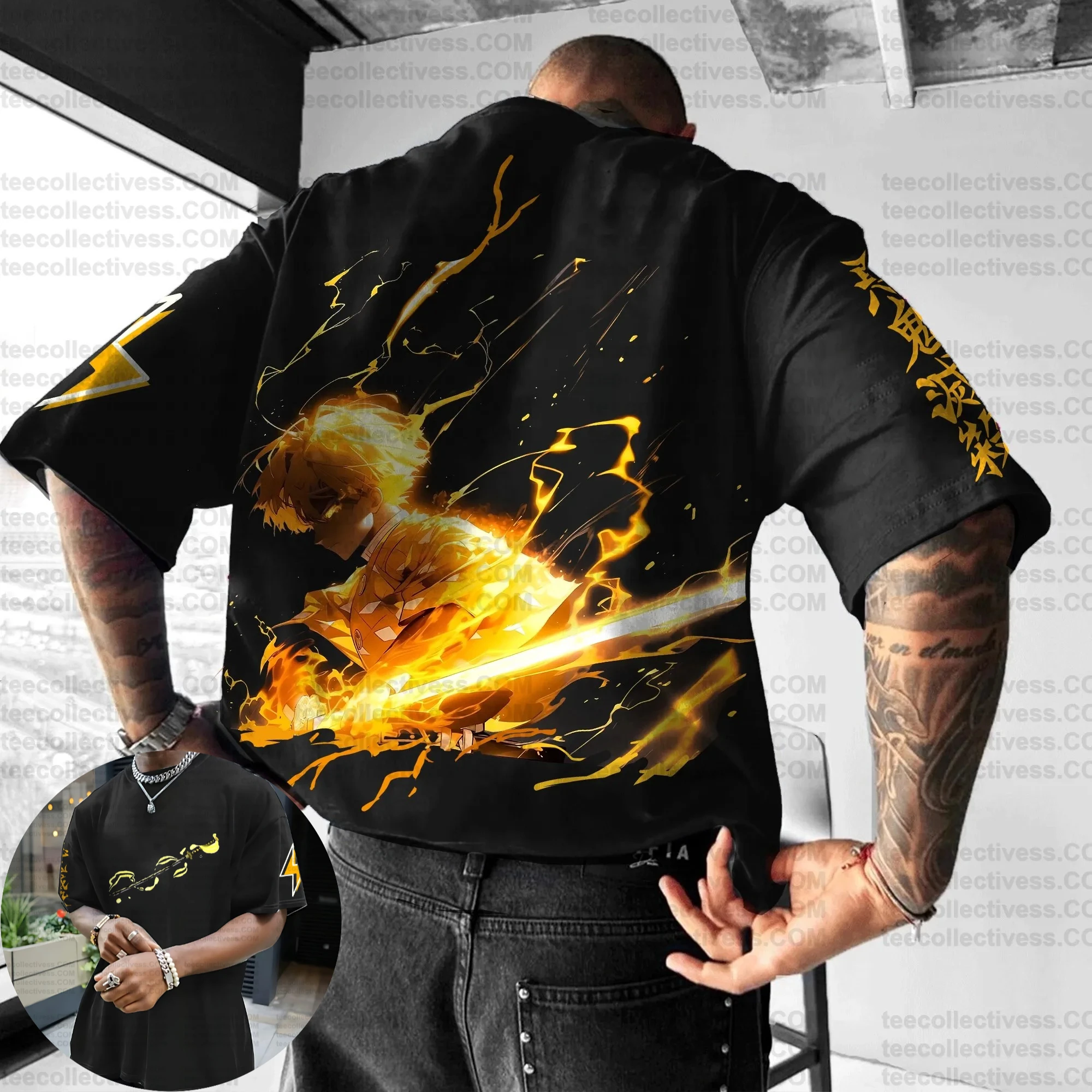 Camiseta Kimetsu No Yaiba para hombre, camisetas de manga corta de algodón, camisetas gráficas de Anime de verano 2025, Base negra Kyojuro Rengoku Flame Hashira