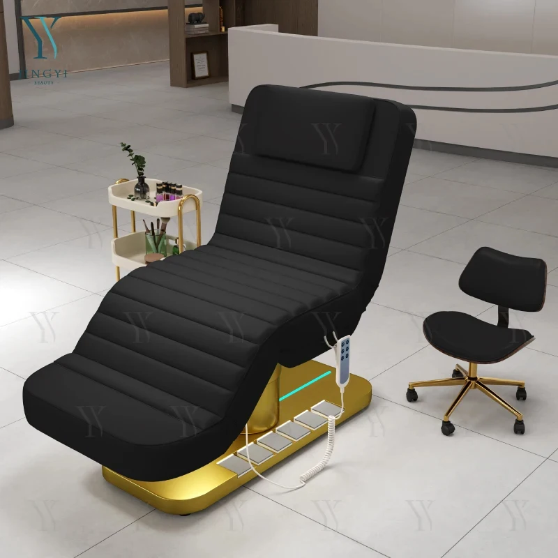 Luxury Modern Black Bed Massage Tables Beds With Foot Control Gold Base Beauty Salon Cosmetic Tattoo Table