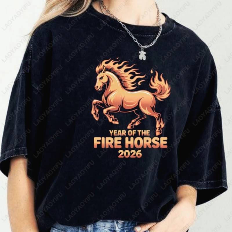 

Fire Horse 2026 Women Men Cotton Tees Chinese New Year Graphic Unisex Tshirt Hipster Street Fashion Streetwear Unisex Adult Tops