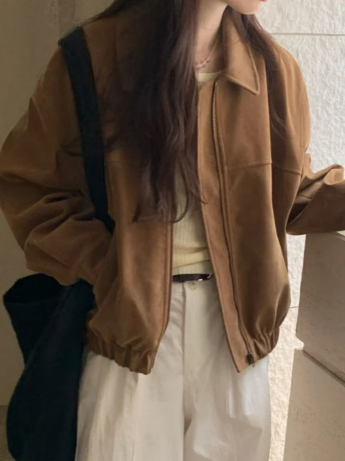 レトロショートレザーベルベットジャケット女性のファッションジッパー長袖トップアウター韓国スタイルルーズフィット秋新着