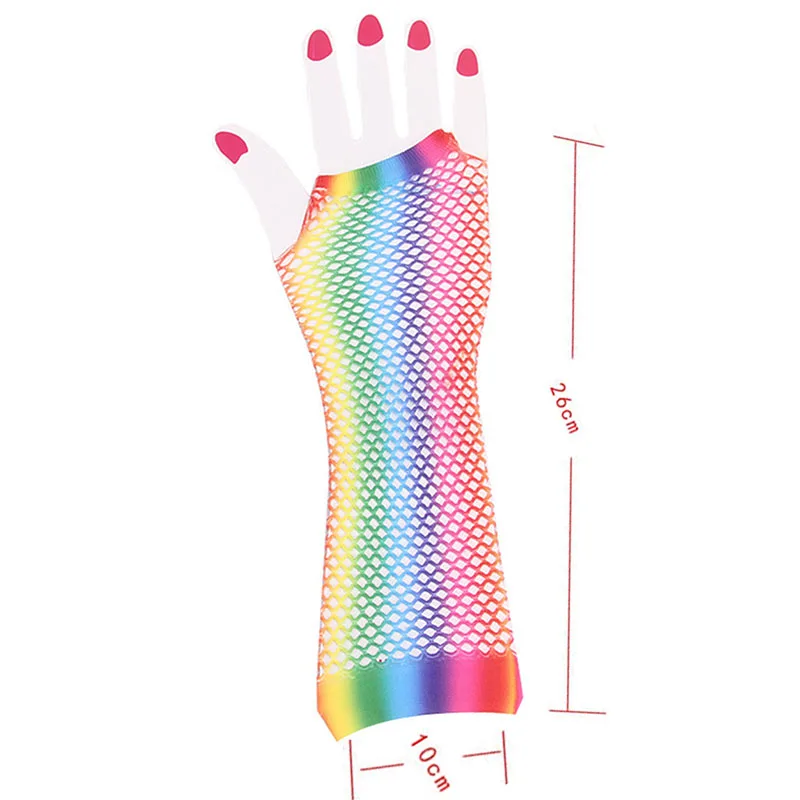 1 Pair Women Long Fishnet Net Gloves Fingerless Mesh Gloves Punk Rock Fancy Night Club Party Sexy Fashion Rainbow Short Gloves