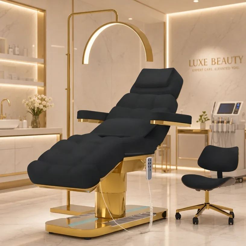 Premium Electric Black Beauty Bed Set with Gold Moon Light & Stool, 3 Motor Synthetic Leather Massage Chair for Salon Spa Treat