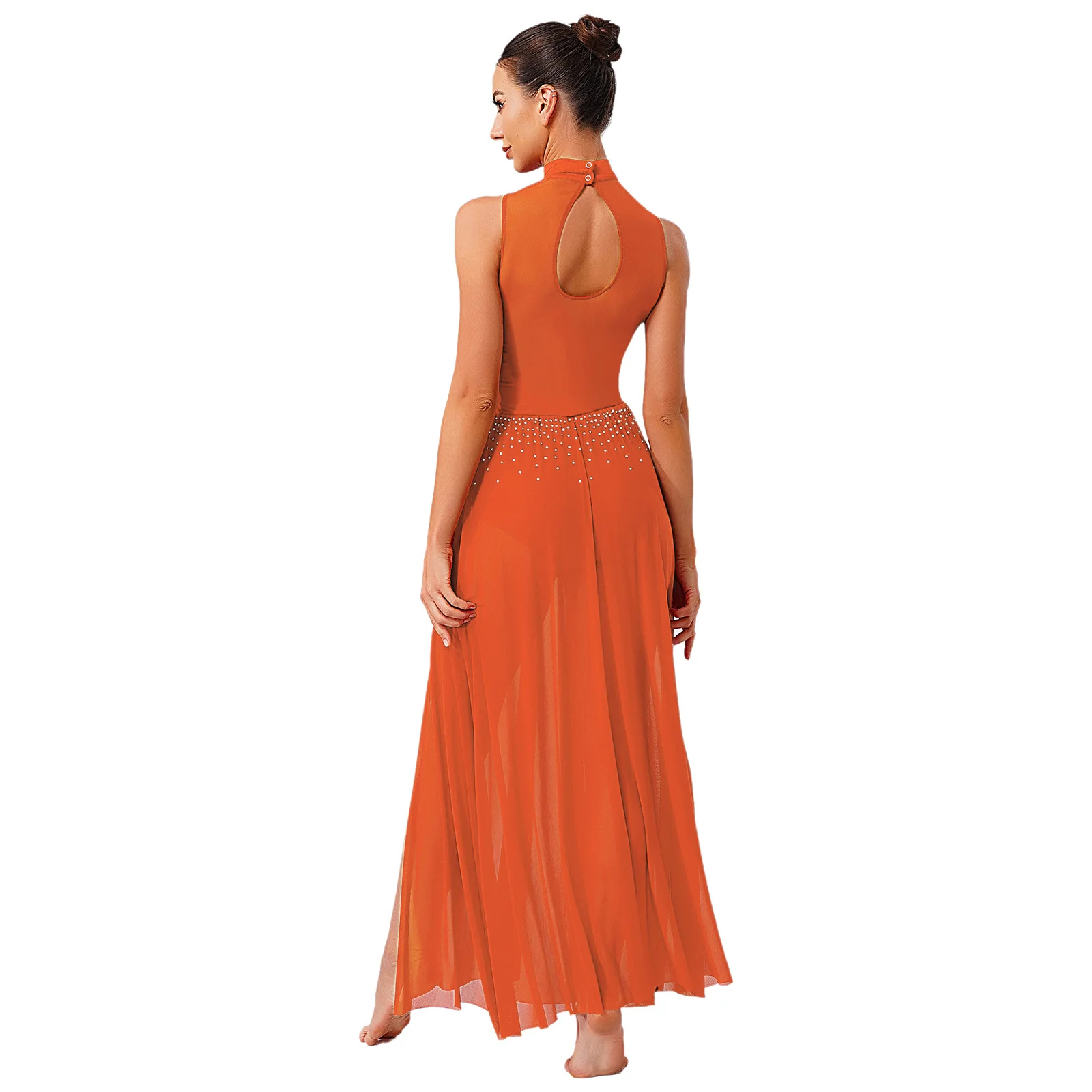 Vestido lírico feminino brilhante strass sem mangas pura malha emenda fenda bainha maxi vestido ginástica moderna dança collant vestido