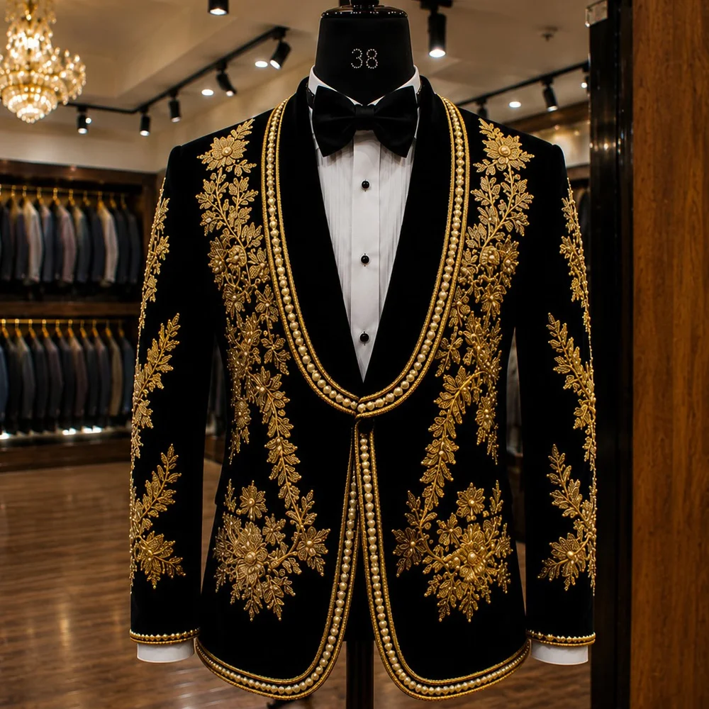 Luxury Gold Crystal 2 Pieces Men's Suits Double Breasted Black Suits Tuxedo Blazer for Wedding Groom Business Dinner Party Suits
