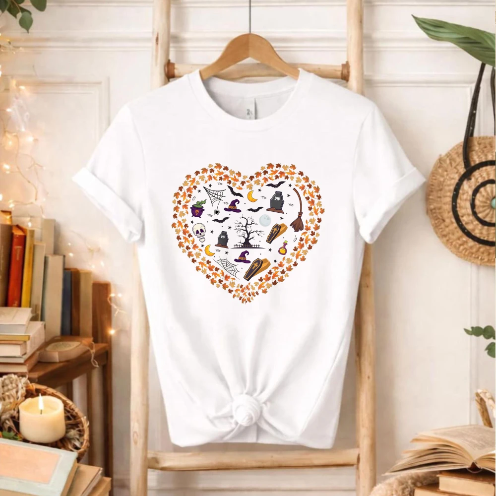 Cute Halloween Heart Collage Graphic T‑Shirt Witch Hat Broom Skull Bat Tombstone Spider Web Autumn Leaf Heart Shape Holiday Tops