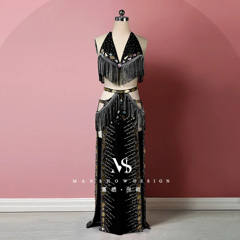 Customized Belly Dancewear Performance Costume Wrapped in Chest Tassel Black Gold Mirror Diamond Straight Tube Set