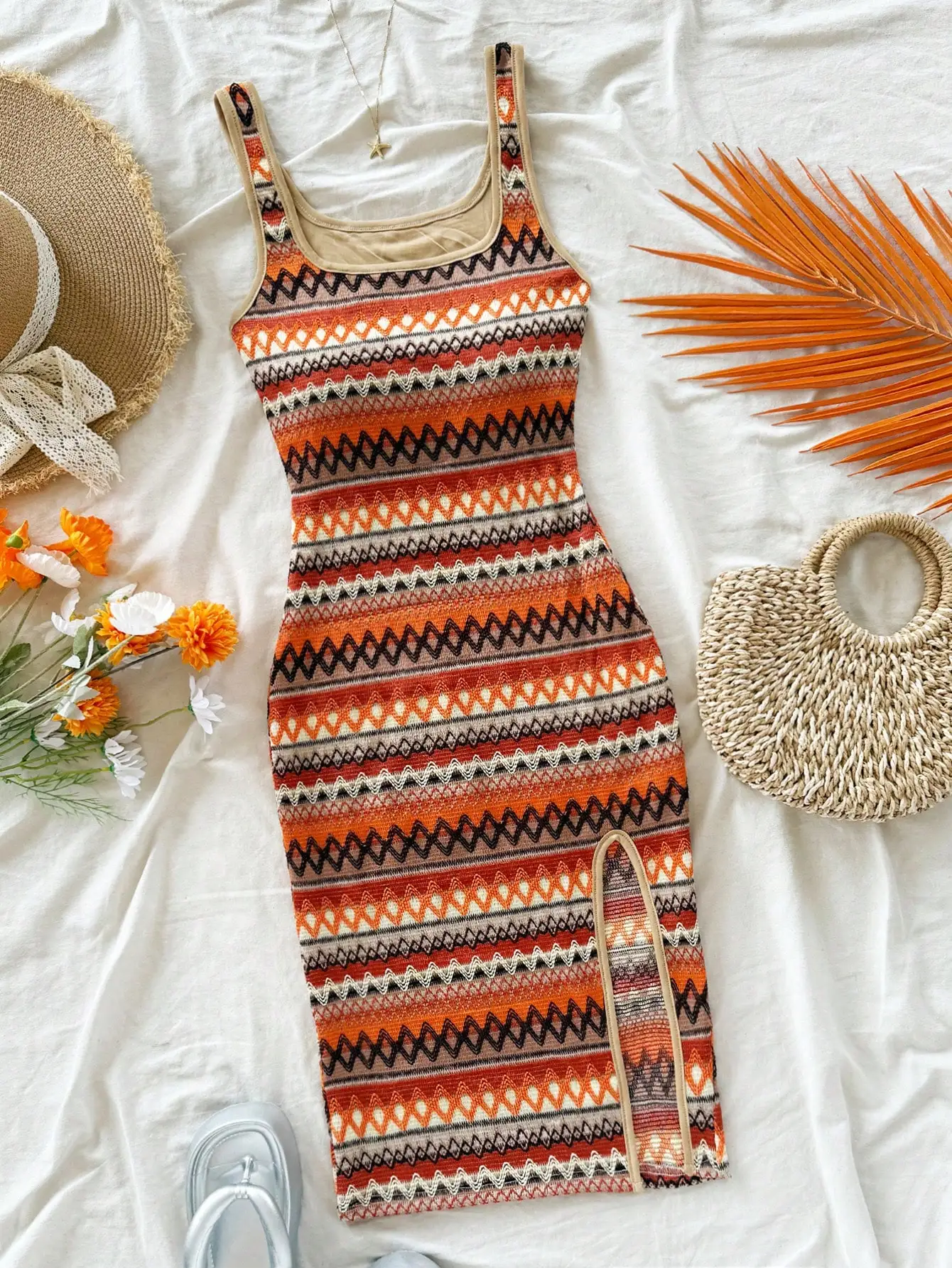 

Women's Boho Print Square Neck Slip Dress with Side Slit - Summer Casual Midi Dress