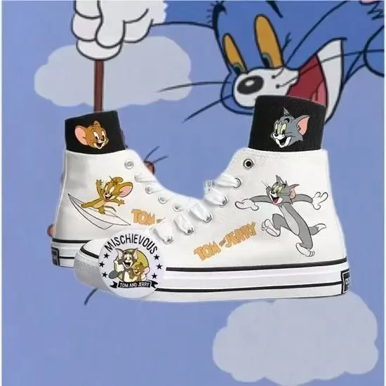 real picture 2025 new Tom and Jerry cat and mouse man's white Canvas shoes Design Casual drop shipping black women's skate shoes