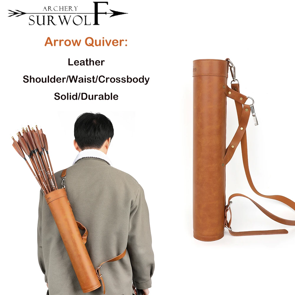 Archery Faux Leather Arrow Quiver Brown Length Adjustable Shoulder Strap Cross-body Waist Strap Arrow Bag Shooting Accessories
