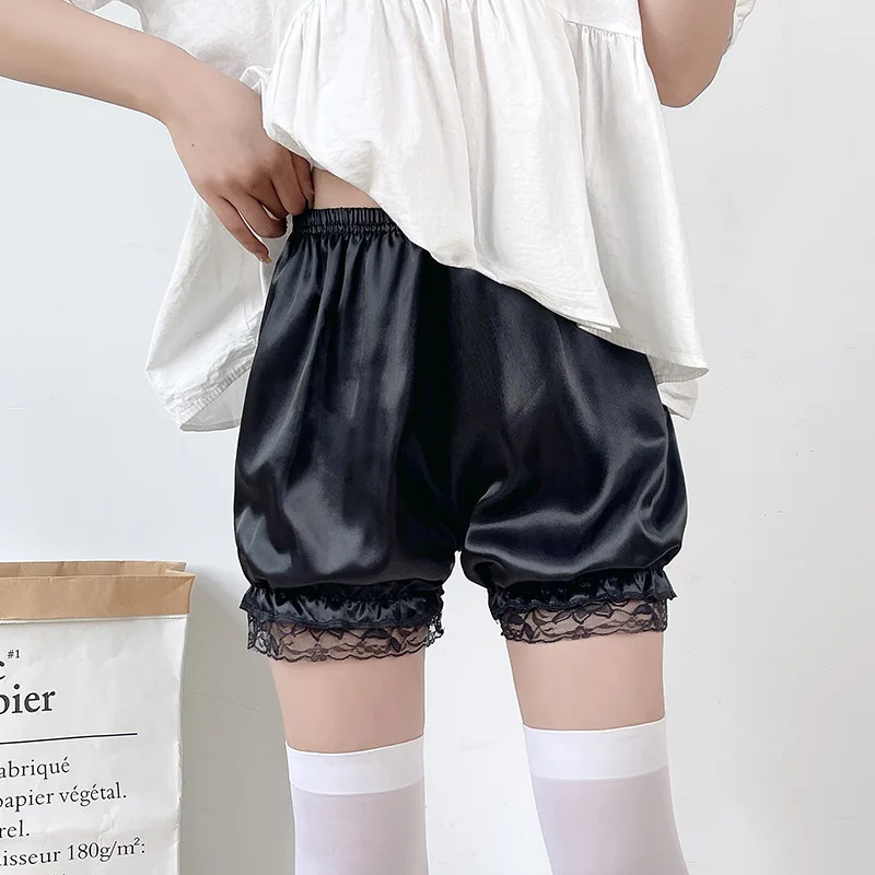 Cute Lolita Safety Satin Glossy Short Pants Women Sweet Ice Silk JK Bloomers Ruffles Lace Trim Panties Pumpkin Shorts Pettipants