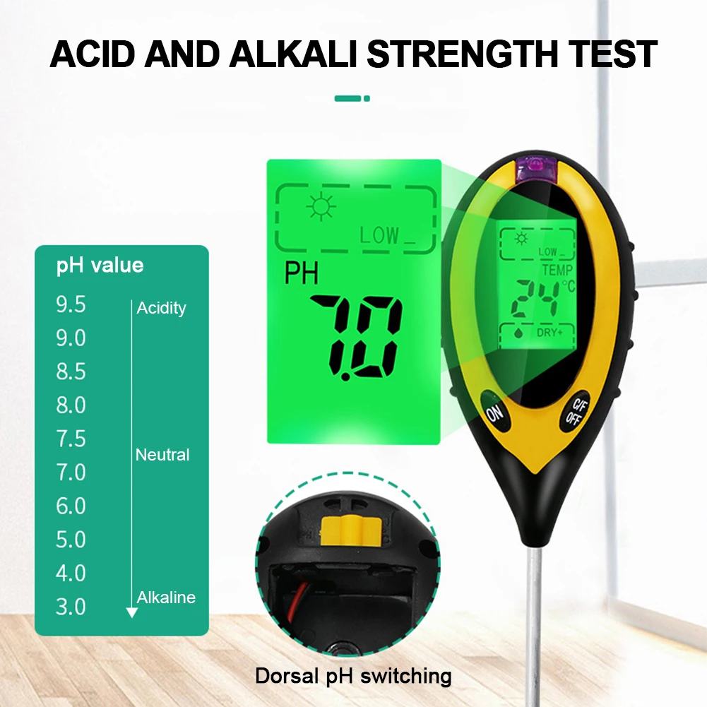 Professional Soil PH Meter 4 In1 LCD Temperature Humidity Sunlight Intensity PH Moisture Meter Garden Soil Tester for Plant Care